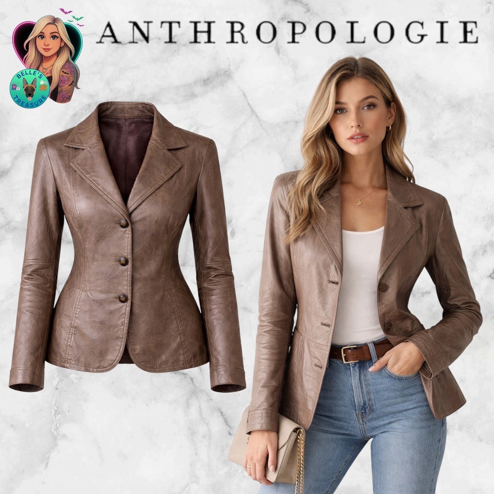 Anthropologie Tape Measure Brown Leather Blazer Jacket Womens 12‎ Y2K Luxury Y2K